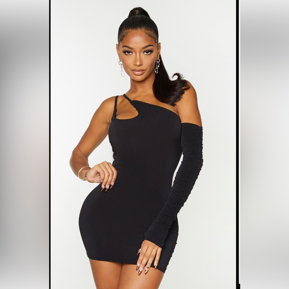 PrettyLittleThing Dresses Plt Black Ruched One Sleeve Bodycon Dress